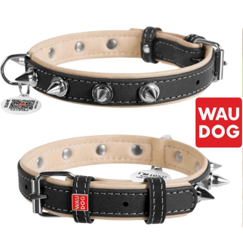 Waudog Soft Genuine Leather Spiked Collar with QR Passport