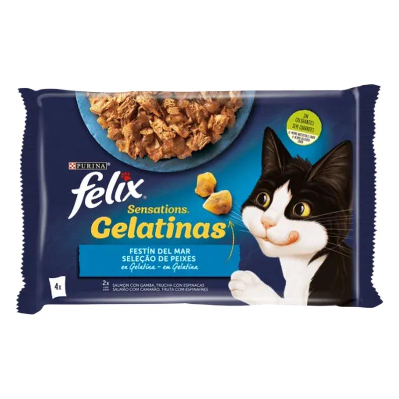 Felix Pouches 4x85Gr Sensations Salmon With Prawn & Trout With Spinach In Jelly