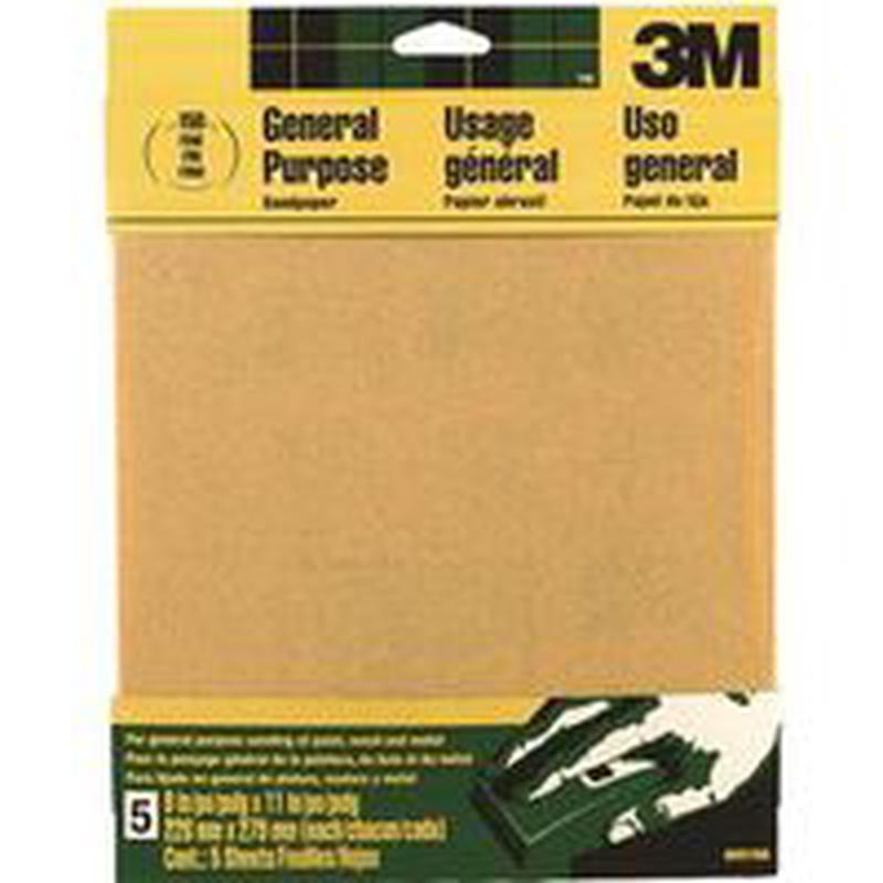 3M Sandpaper Sheet, 11 In L, 9 In W, Fine, 150 Grit, Aluminum Oxide, Paper Backing, 5PK (9001)