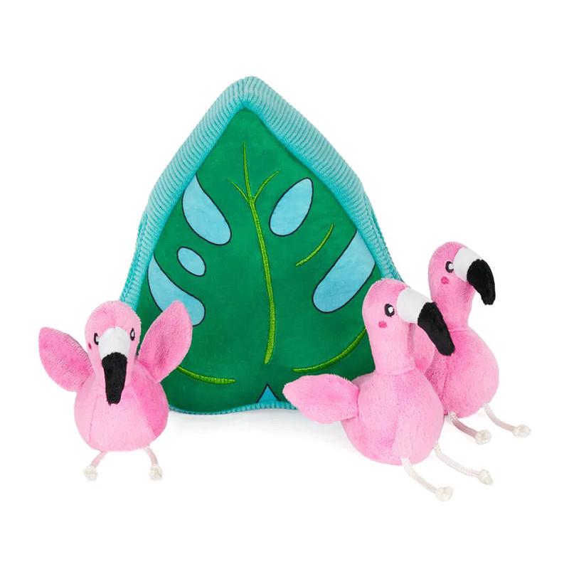 Zippy Paws Zippy Burrow Interactive Dog Toy 3 Flamingos in Monstera Leaf