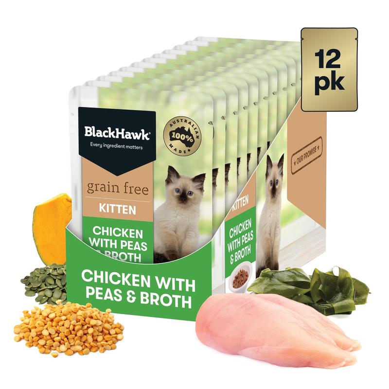 Black Hawk Wet Cat Food Grain Free Kitten Chicken with Peas & Broth 12x85g