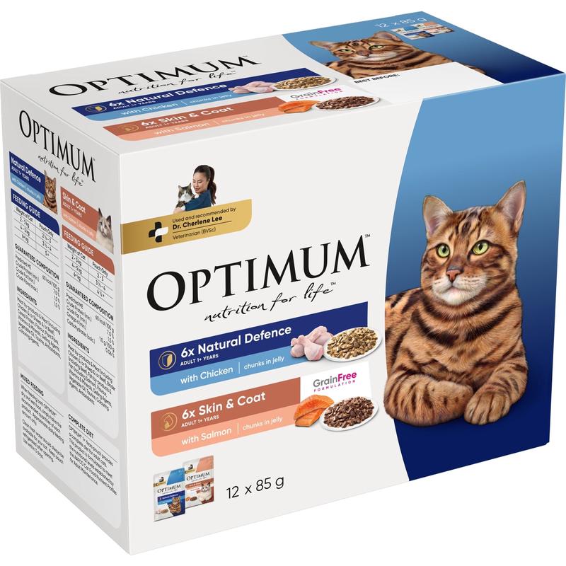 Optimum Wet Cat Food Natural Defences Chicken and Skin & Coat Salmon 12x85g